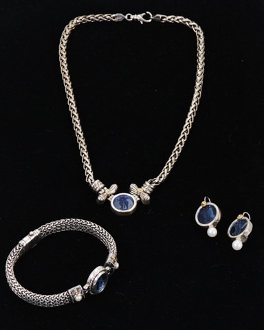 Italian Earring, Bracelet & Necklace Set 925 & 18K: Intaglio glass set in sterling silver with 18K gold and pearl accents. signed Meranetti?.