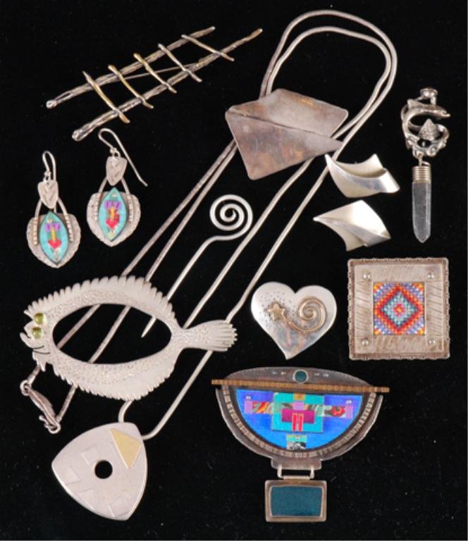 Large Group of Modernist Studio Jewelry: Several signed pieces, C.Poller, Stivaletta, Judith Barker, M, Guerards, Maria Ryder, TT include 5 pins, 2 pendants, 2 earrings and a hair piece Condition: Very Good Size: Fish measures just under 3 i