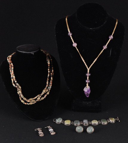 Sterling Bracelet Set w/ Ethnic Necklaces: Sterling signed bracelet & earrings "Bourdruay" , a Chinese amethyst necklace and an antique faience necklace Condition: Good