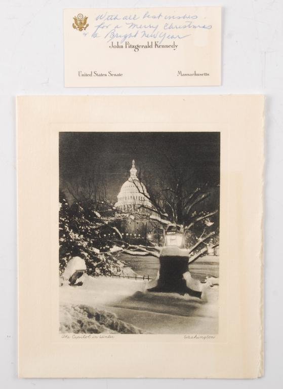 Sen John F. Kennedy Personalized Christmas Card: "The Capitol in Winter, Washington", Senator and Mrs. "John F. Kennedy wish you A Merry Christmas and A Happy New Year" 6 1/4 x 5 1/2 inches. Together with a John F. Kennedy US Senate calling card wit