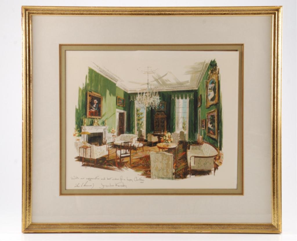 1963 Christmas Gift from The White House: (1) Color lithograph of the green room of the White House, "With our appreciation and best wishes for a happy Christmas 1963" signed in print John F. Kennedy and Jacqueline Kennedy. 13 x 16 inches, fr