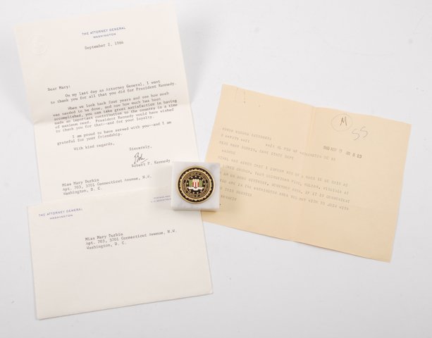 Attorney General Robert F. Kennedy Signed Letter: Letter of thanks to Mary Durkin dated September 2, 1964 on The Attorney General Washington letterhead. Signed "Bob" with envelope, and (1) telegram from Ted Kennedy dated Nov. 19, 1968 inviting Mary D