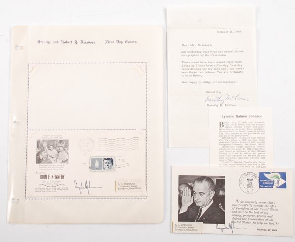 President Lyndon B Johnson Signed First Day Covers: (1) Cover with L.B.J. being sworn into office Nov. 22, 1963 and postmarked Nov. 22, 1963. (1)Cover "Honoring J.F.K. First Day Cover From Last Day City" postmarked May 29th, 1964. Each signed with Lynd