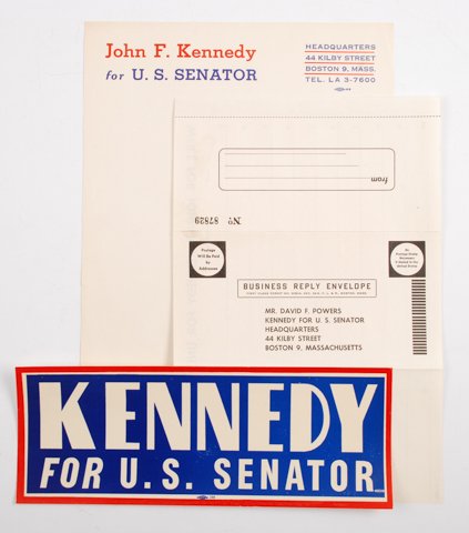 John F. Kennedy US Senate Campaign Materials: Kennedy for US Senator bumper sticker, John F. Kennedy for US Senator letterhead and a printed sheet for names who were for John F. Kennedy and addressed to Dave Powers 44 Kilby Street Boston9, MA hea
