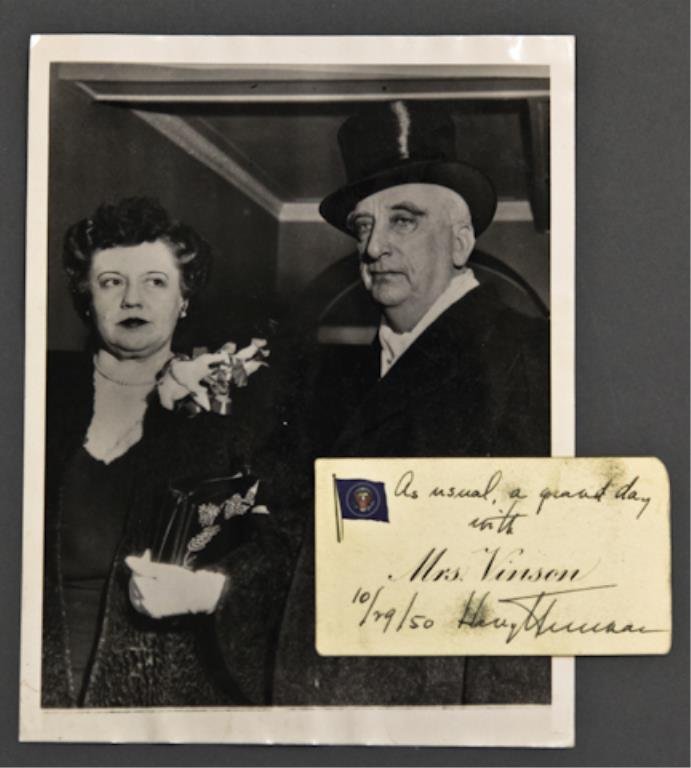 Harry S. Truman Signed Seating Card: (1) Seating card embossed with the Presidential Flag and engraved "Mrs. Vinson", wife of Chief Justice Fred M. Vinson. It is personalized by the President "As usual, a great day with 'Mrs. Vinson' 10/