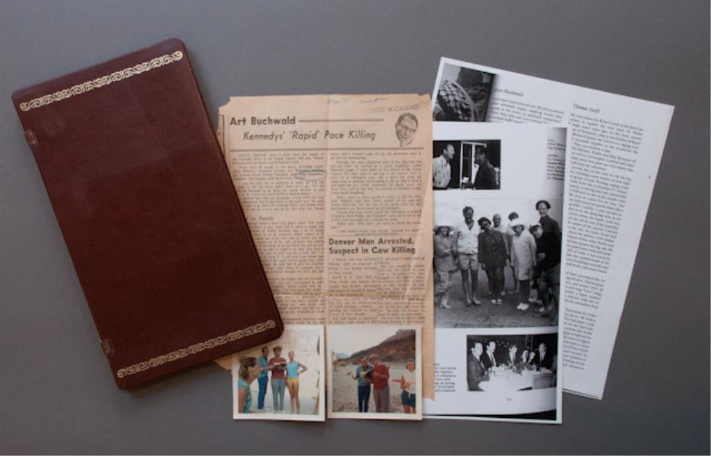 1967 Robert F. Kennedy Grand Canyon Trip: (2) Photographs including Robert F. Kennedy, Ethel Kennedy, Andy Williams, Art Buchwald, and others of a river trip in the Grand Canyon, 3 3/4 x 3 1/2 inches, (1) newspaper clipping of Art Buchwald's 