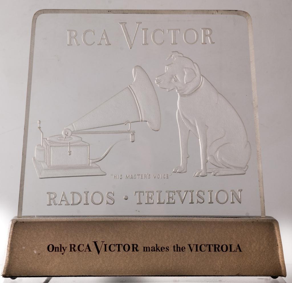 "RCA Victor, Radios, Televisions" Display Sign: Etched Lucite with Nipper and victrola is illuminated from base. 13 x 12 1/2 inches.