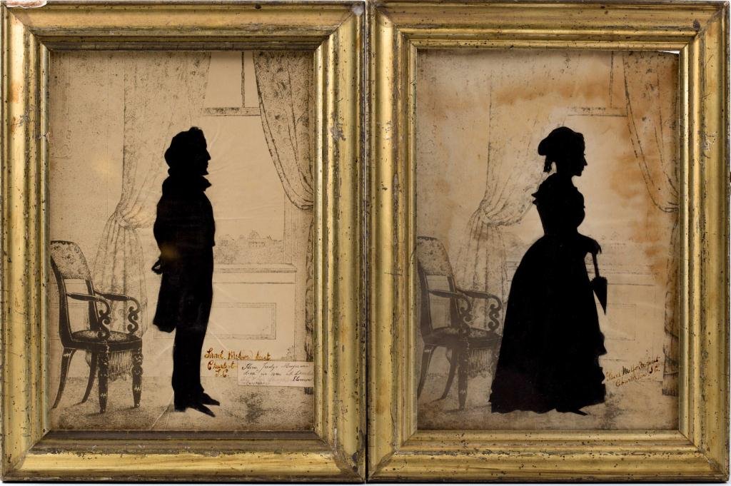 Samuel Metford (1810-1890) Silhouettes Charleston: Judge Maynard and daughter. Applied to lithographic interiors opening to a window. Charleston, S.C. signed. 10 x 7 inches