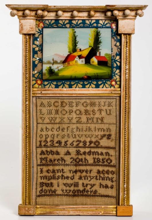 (19thc) Mirror Set with Reverse Painting & Sampler (1 of 5)