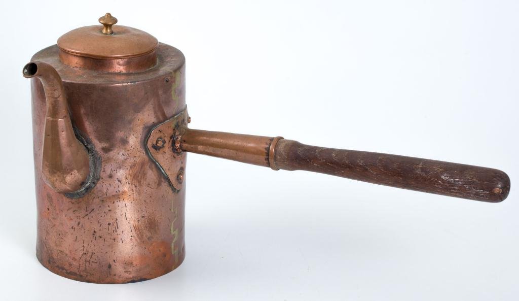 (19thc.)Copper Coffee Pot w/ Offset Wooden Handle: Dovetail construction. 10 x 19 inch