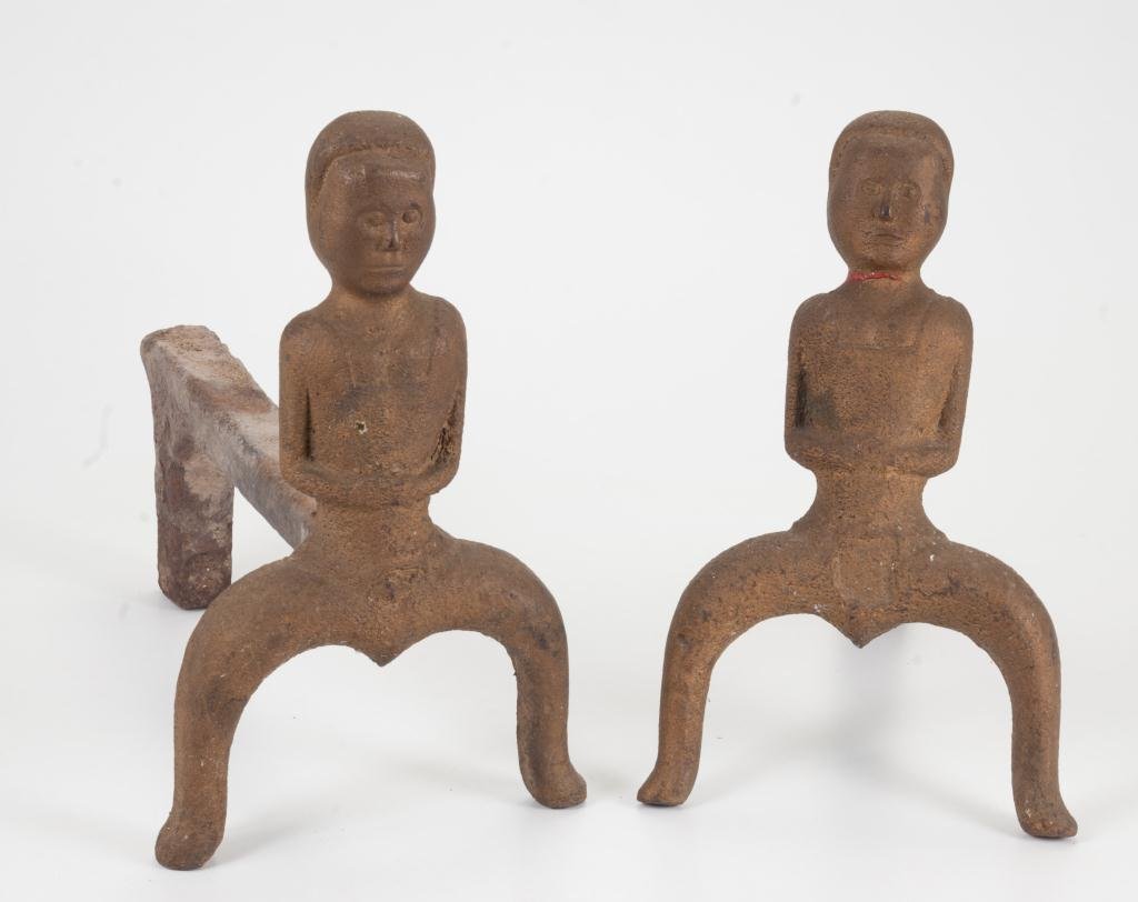 (19th c.) Puddle Cast "Naughty Nellie" Andirons: Height 12 inches