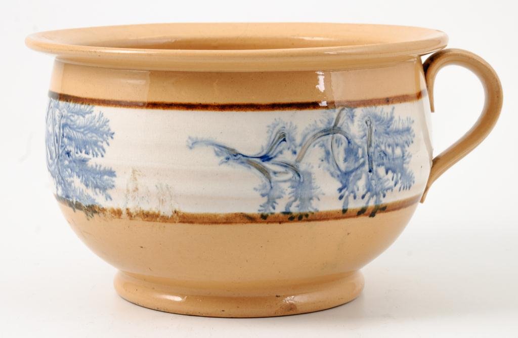 Yelloware Dendritic Decorated Thunder Jug: Diameter 9 inches.