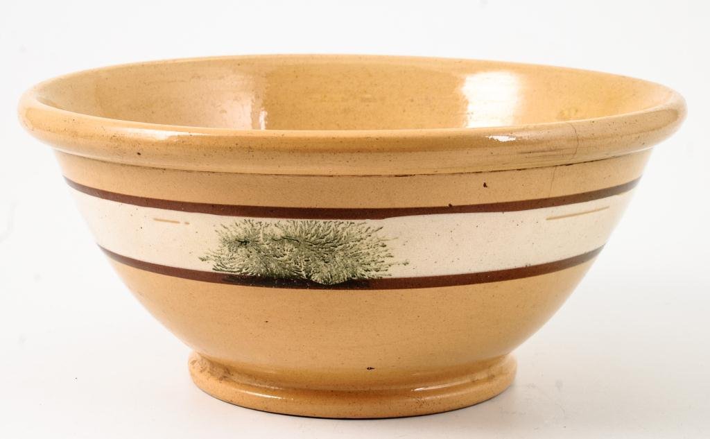 Yelloware Banded Mocha Mixing Bowl: Decorated with banding and dendritic motif. diameter 12 inches