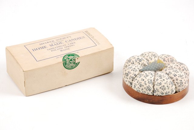 Shaker Pin Cushion and Home Made Candies Box: 3 3/4 inches diameter and 5 1/2 x 3 inches.