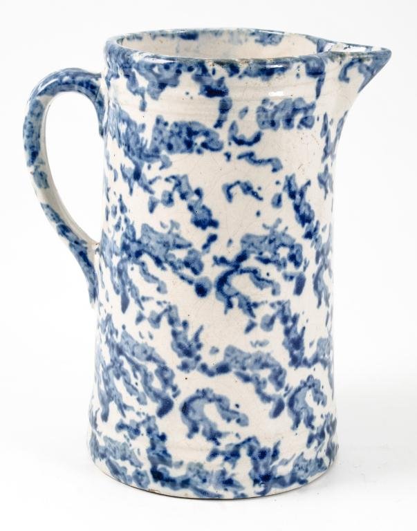 Blue and White Spongware Milk Pitcher: Height 9 inches.