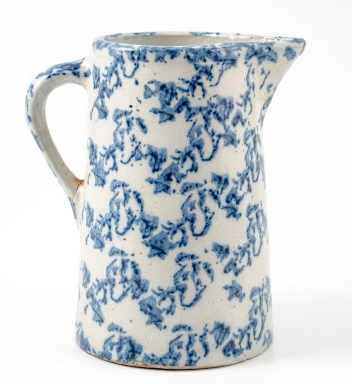 Blue and White Spongware Milk Pitcher: Height 8 3/4 inches.