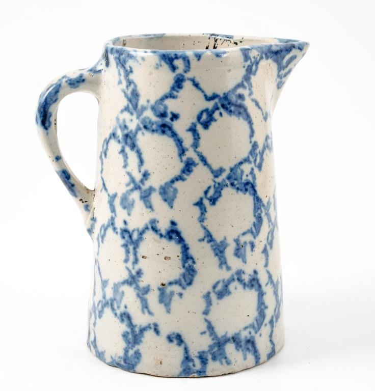 Blue and White Spongware Milk Pitcher: Height 8 1/2 inches.