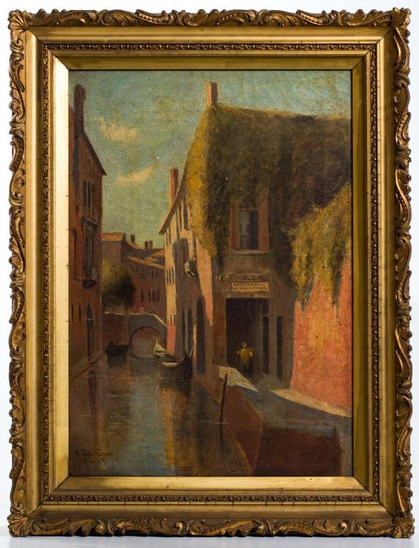 W. Staples Drown (1856-1915): "Venice Canal 1891" oil on canvas 20 x 14 inches. signed. framed.