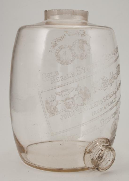John Walker Old Fashion Whiskey Glass Keg: Blown molded glass cooler embossed "John Walker & Sons Kilmarnock, Adelaine, Duneden & Paris" height 13 inches.