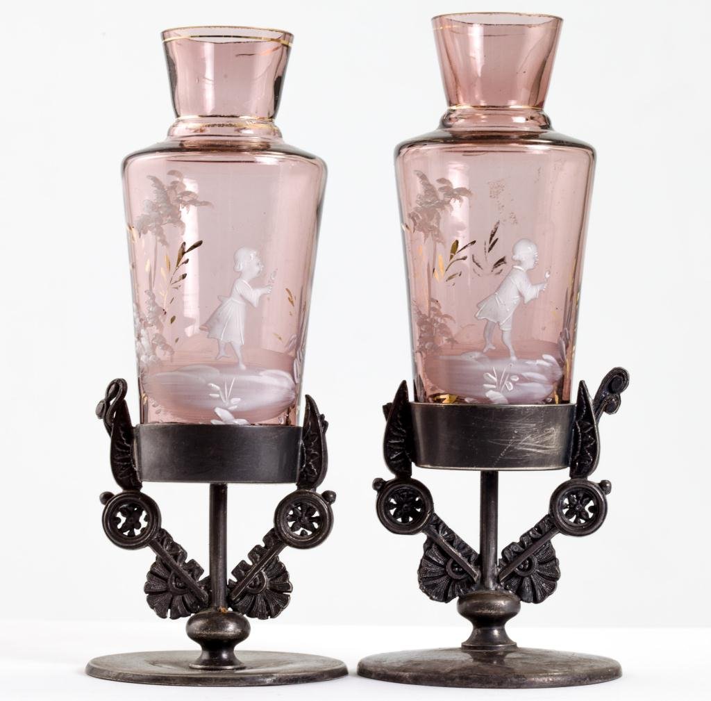 Pair of Mary Gregory Vases on Silver Plate Stands (1 of 6)