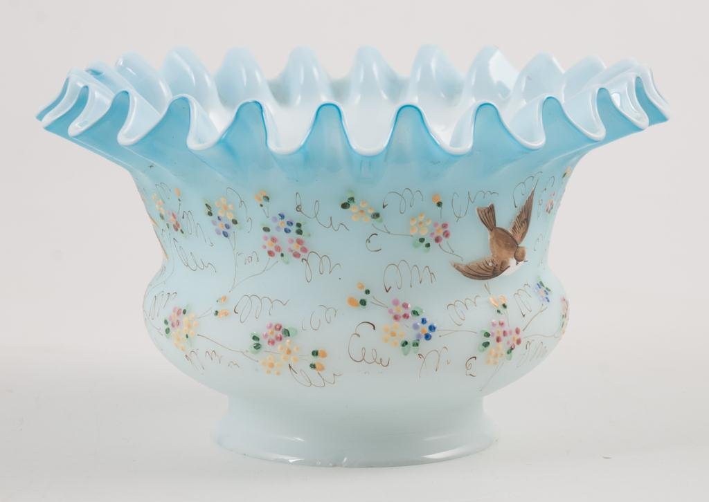 Victorian Cased Glass Hand Enameled Shade: Ruffled blue rim transitions to white satin fitter hand painted with birds surrounded by flowers. Height 5 inches. 8 1/2 inches to outer rim with a 4 inch fitter.