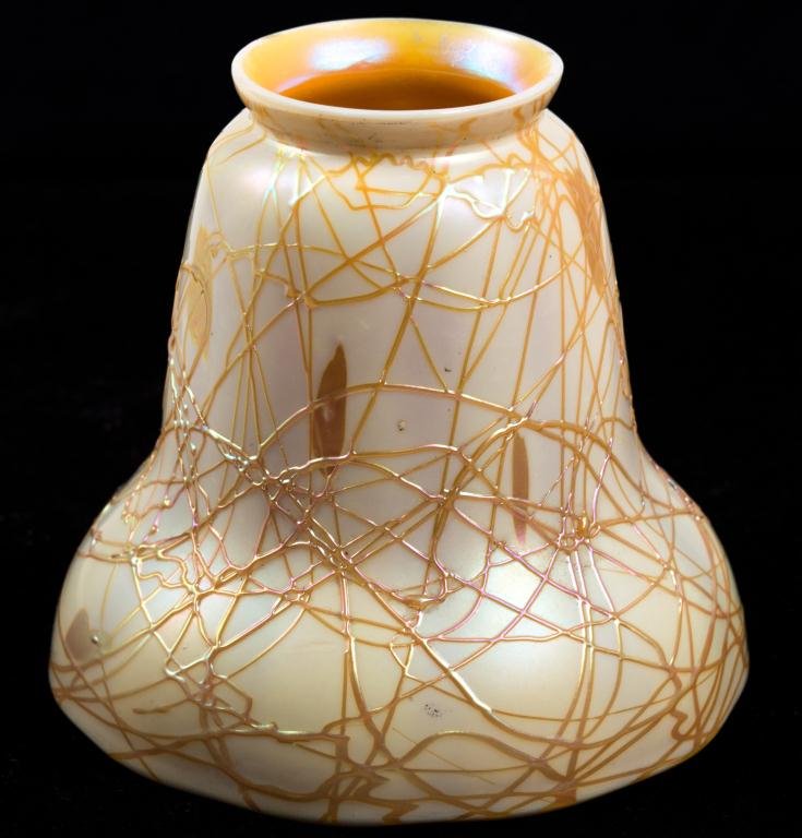 Stuben Art Glass Shade: Candy drip caramel and pink luster glass over opal ground. height 4 1/2 with 2 inch fitter. signed.
