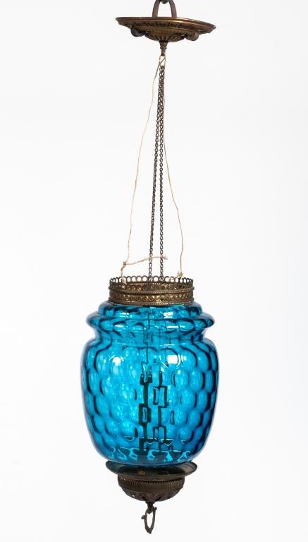 (19th c.) Hanging Aqua Glass Lamp (1 of 6)