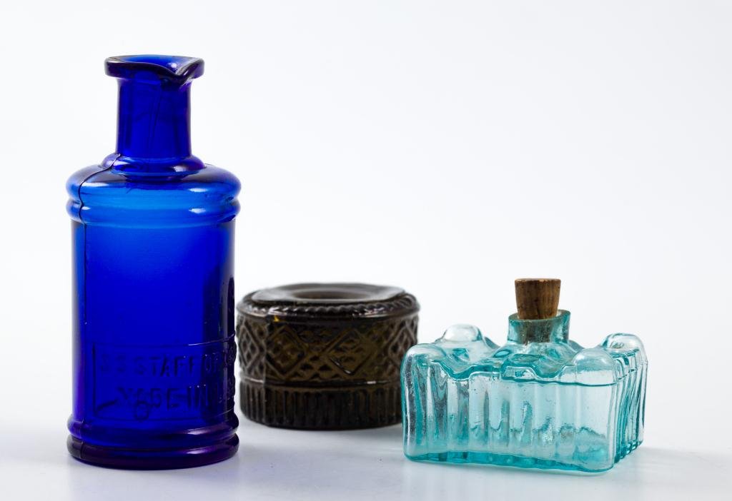 (2) Blown Molded Inkwells and a Cobalt Ink Bottle (1 of 9)