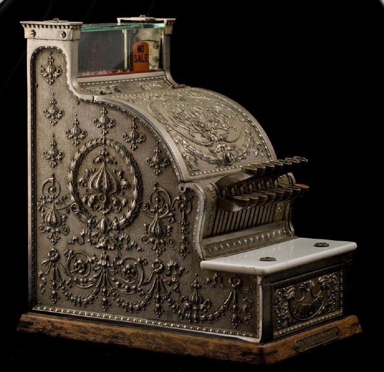 National Cash Register: Nickel candy or barber shop style. 17 x 10 1/2 x 16 inches.