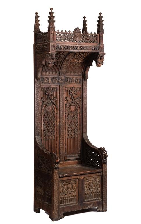 (19th c.) Gothic Revival Oak Hooded Throne Chair (1 of 10)