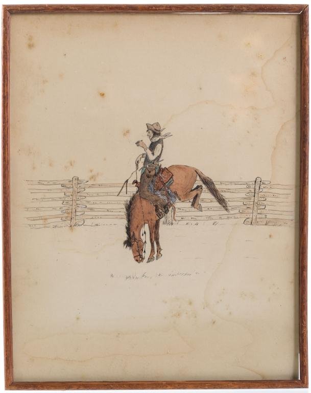(20th c.) Western School: "Bronco Buster" mixed media with watercolor, pen and ink. 12 1/2 x 10 inches. unsigned. framed