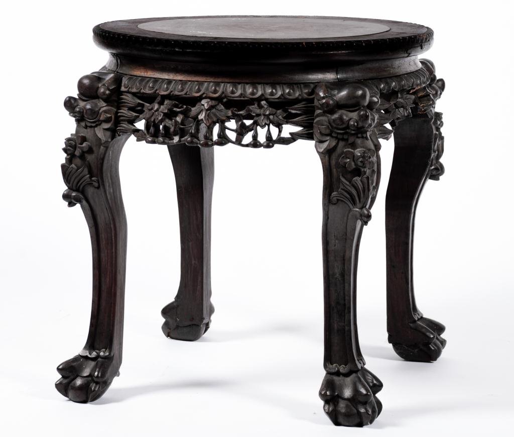 Low Asian Carved Fern Stand with Marble Inset (1 of 4)