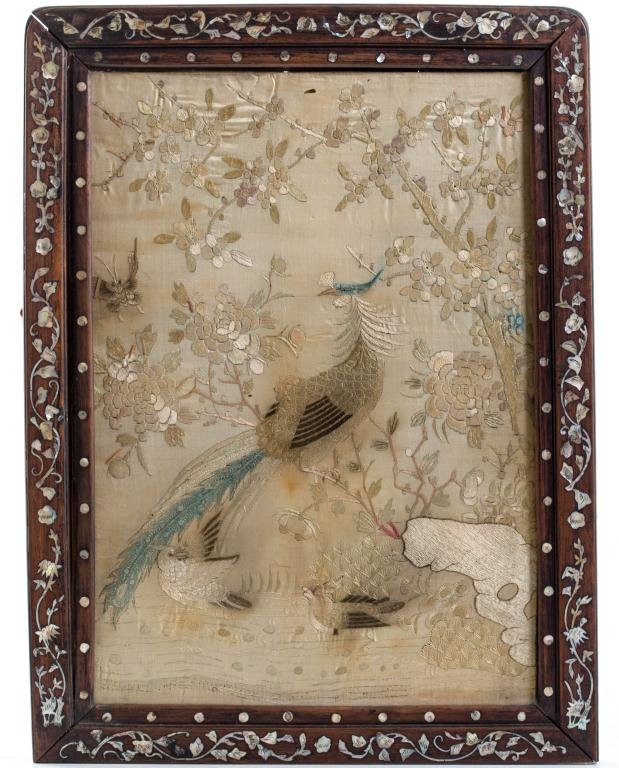 (19th c.) Asian Silk Embroidery with Inlaid Frame (1 of 7)