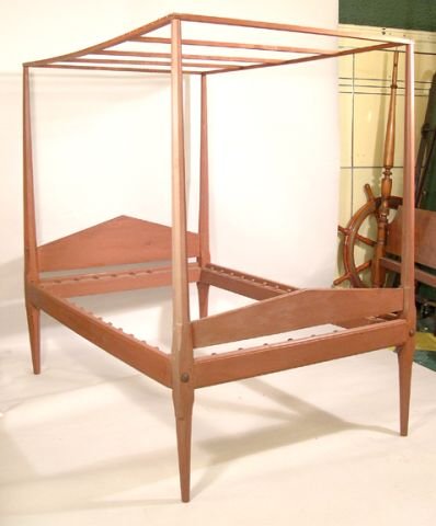 Early pencil post four poster bed with tester.: Early pencil post four poster bed with tester.