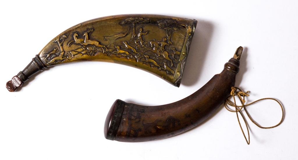 (2) Early Powder Horns Depicting Hunting Scenes (1 of 6)
