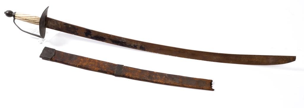 (18th c) American Revolutionary War Cavalry Sword: Brass boatshell hilt and guard with bone handle. Original scabbard (fragment). Overall length 39 inches.