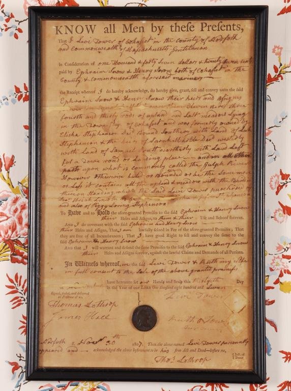 1807 Deed Levi Tower to Ephraim Snow: For uplands and salt meadows for the current Cohasset property. Affixed to glass is a Carolus III Spanish 4 Maravedis coin which was found on the property.