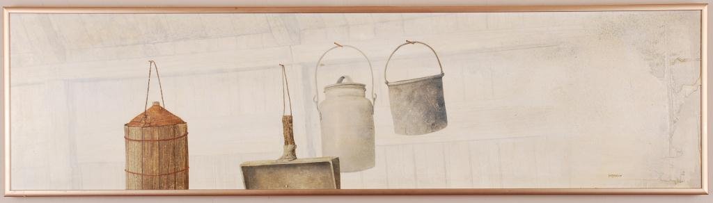 Linda Peterson (20th c.): "Hanging Bucket" oil on board. 7 1/2 x 29 1/2 inches. Signed, framed.