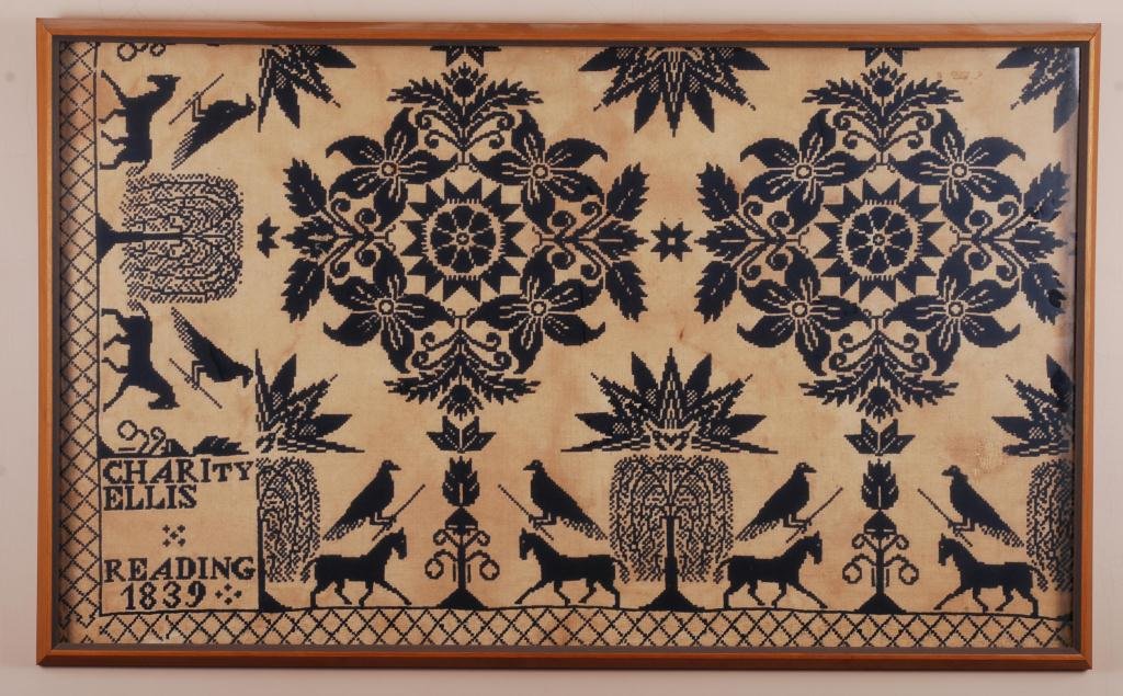 Framed 1839 Jacquard Coverlet Fragment Signed: "Charity Ellis Reading 1839" 22 x 36 inches.