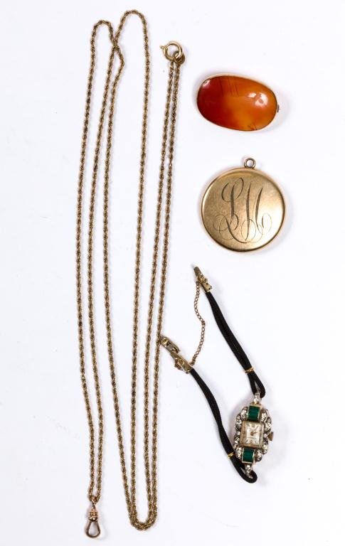 Carnelian Broach, Gold Filled Locket & Royce Watch: Royce Lady's wrist watch gold (unidentified hallmark) and sterling silver. Broach 1 1/2 inches.