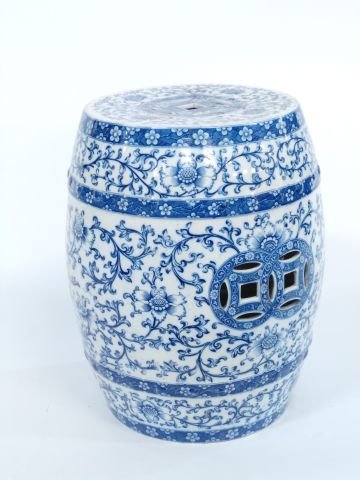 (19thc) English Blue & White Porcelain Garden Seat: Minton quality raised barrel rings and tacks, pierced top and sides. Height 19 inches.