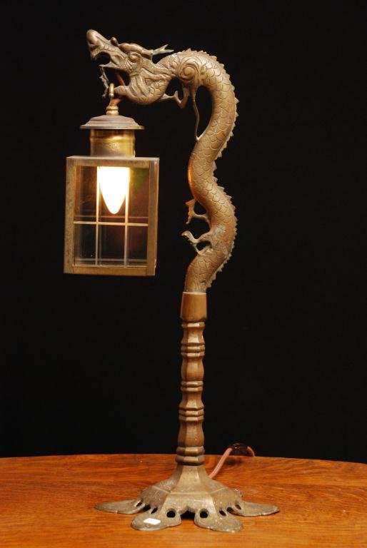 Asian Brass Dragon Form Lamp with Hanging Lantern (1 of 6)
