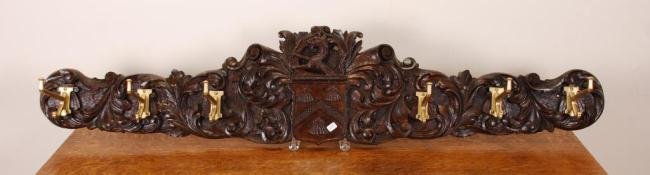 Rococo Carved Coat Rack with Coat of Arms: (6) hook rack. 46 x 10 inches.