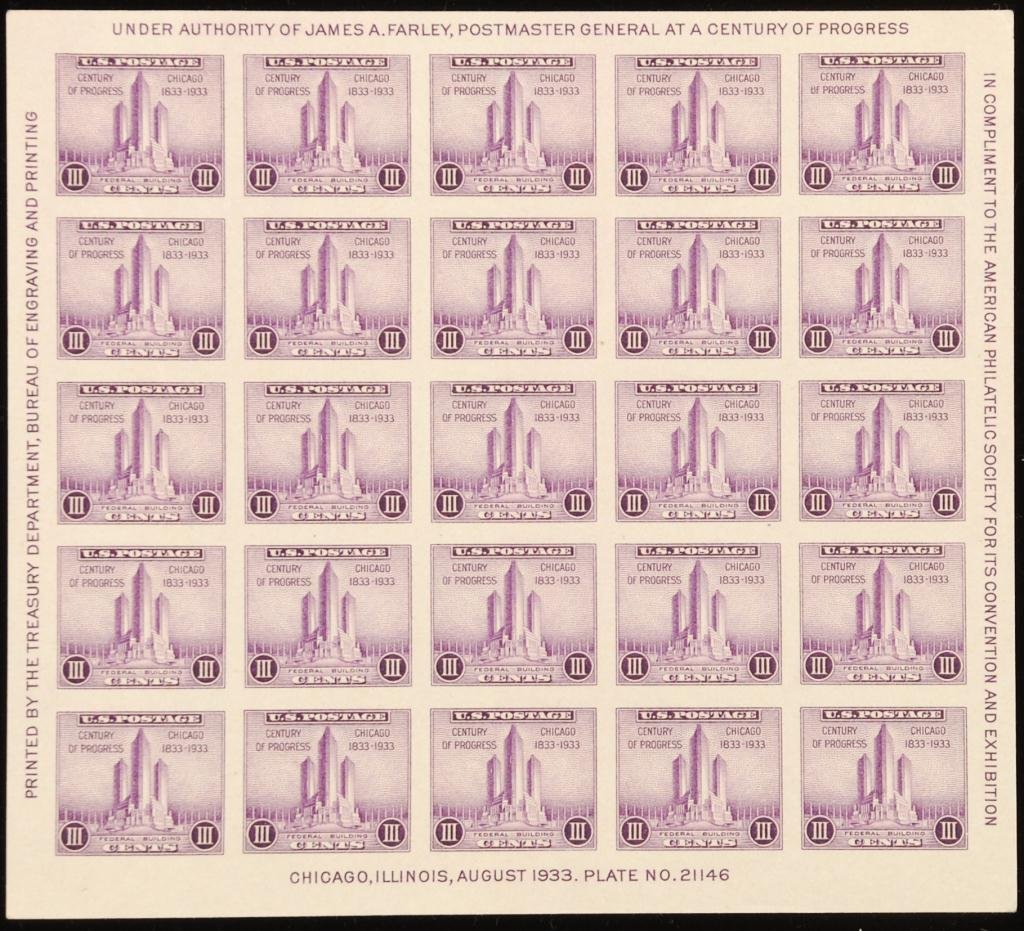 Scott 730 and 731 Century in Progress Stamps: Two (25) Stamp Souvenir Sheets with margins