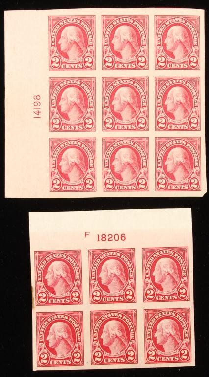 Scott #577 Block of (9) 2 Cent Washington Stamps: Together with a block of (6). Side and top margins.