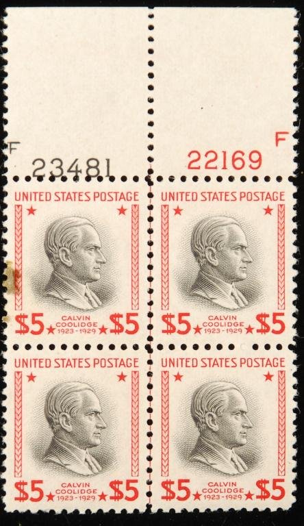 Scott #834 Block of (4) Calvin Coolidge $5: Top margin
