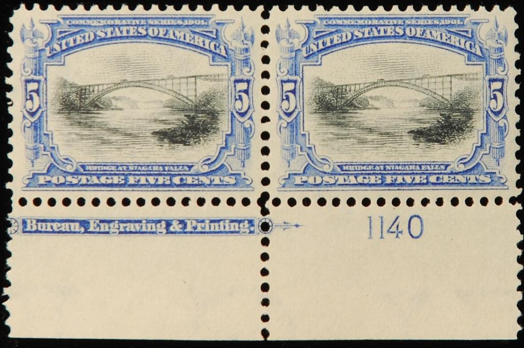 5c Pan-American Bridge at Niagara Falls Scott #297: Horizontal pair with bottom plate margin.