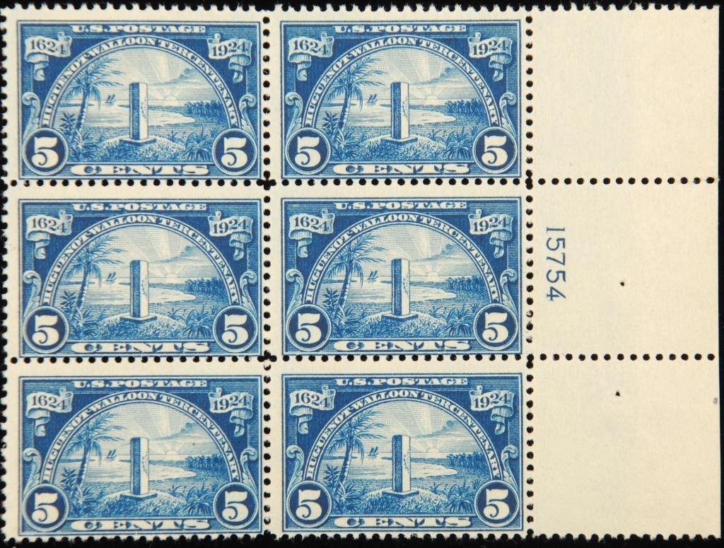 5c Huguenot-Walloon Scott #616: Block of (6) with right margin.