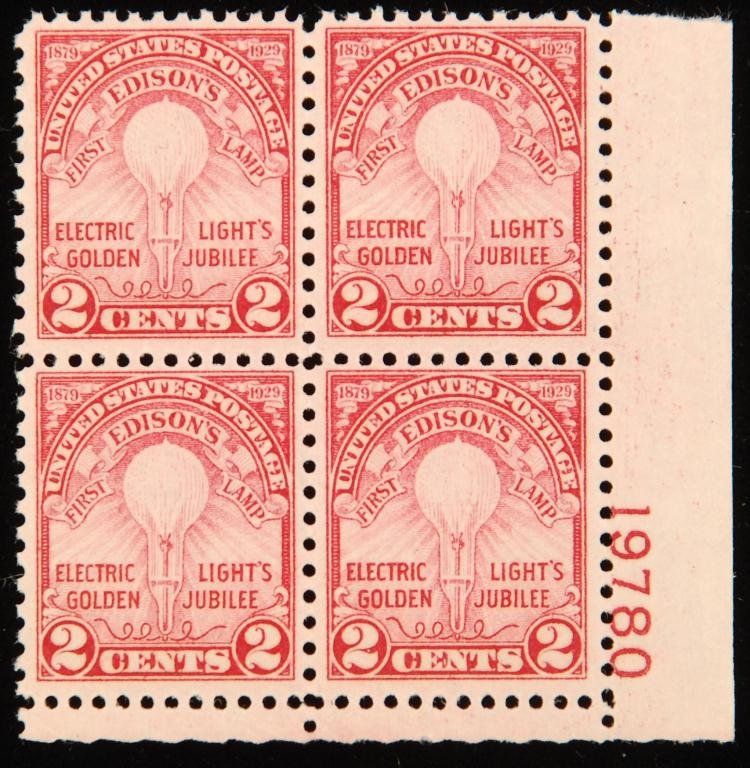 Scott #654 Edison: Block of (4) with right margin.