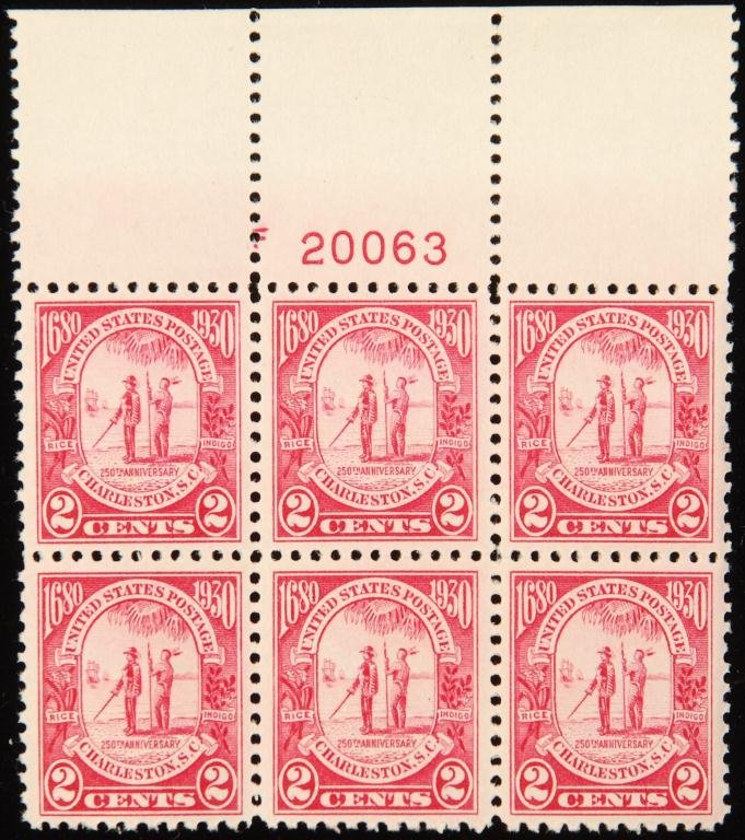 Scott #683 Charleston: Horizontal block of (6) with top margin.